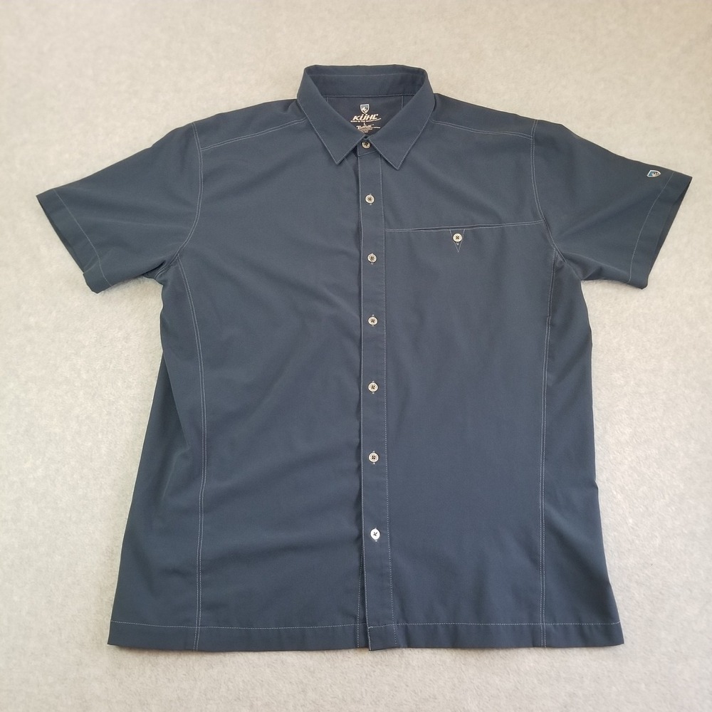 Kuhl Tufflex Shirt Mens Large Blue Short Sleeve Button Down Hiking Stretch Trail